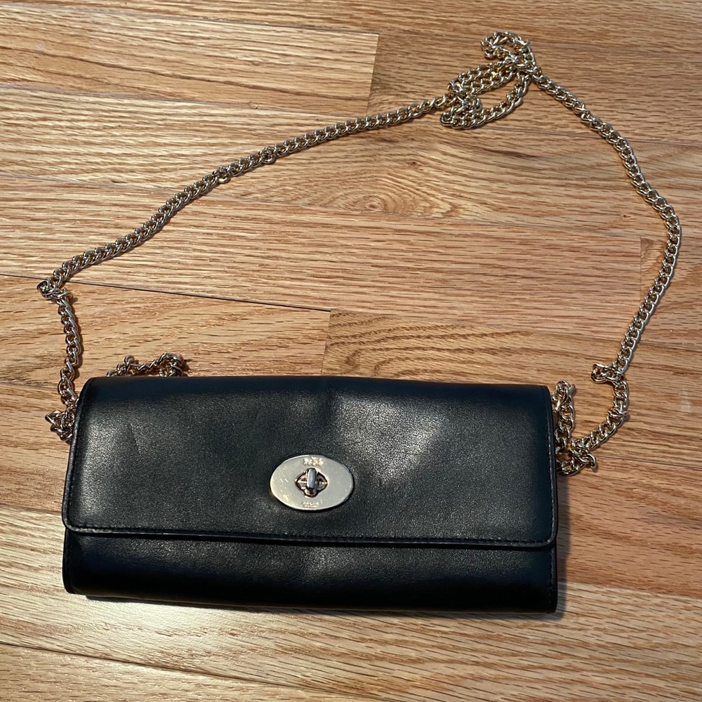 COACH Small Black Leather Purse with Gold Chain